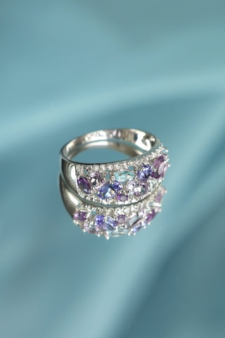 Anel Blueymix - Ouro branco, diamantes, ametistas, tanzanite e topázios