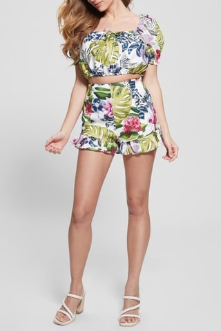 Short en lin taille haute - Blanc et vert olive