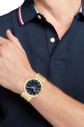 Stalen Quartz Horloge - Chronograaf - Goudkleurig en Marineblauw