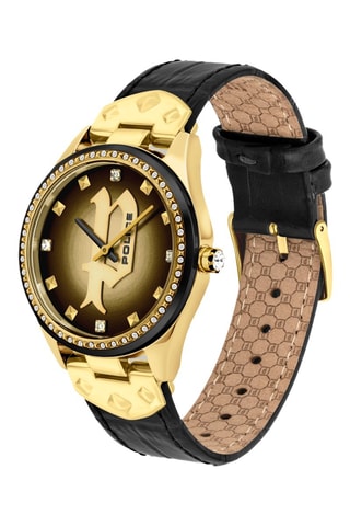 Leren en Doublé Geelgoud Ion Quartz Horloge Pongua