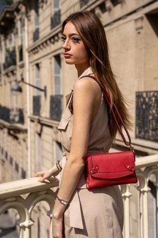 Leren Schoudertas Joe - Goudkleurig, zwart en rood