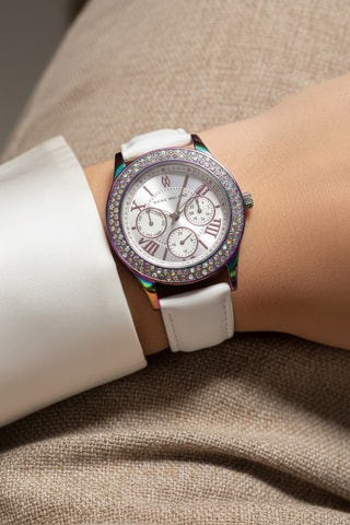 Leren Quartz Horloge - Chronograaf - Wit en Multicolor