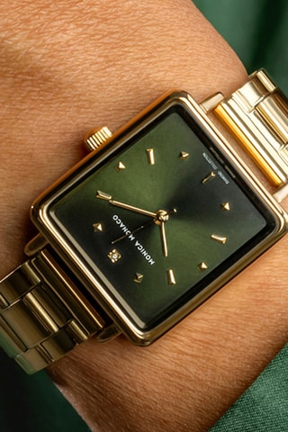 Stalen Quartz Horloge met Diamant - Goudkleurig en Groen