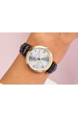 Leren Quartz Horloge met Diamant - Zwart en Goudkleurig - Monica Monaco