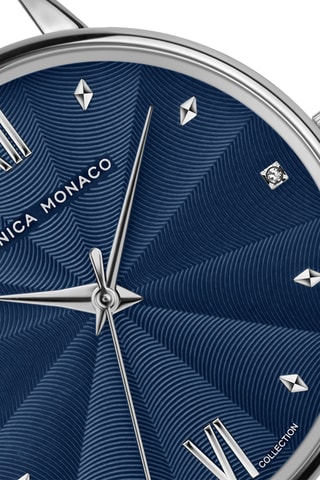 Stalen & Diamanten Quartz Horloge - Zilverkleurig en Marineblauw - Monica Monaco