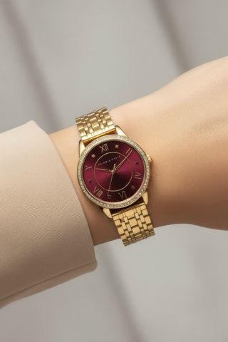 Reloj de cuarzo de acero chapado en ion de oro amarillo