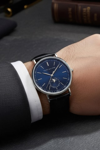 Leren Quartz Horloge - Maanstandweergave - Zwart en blauw
