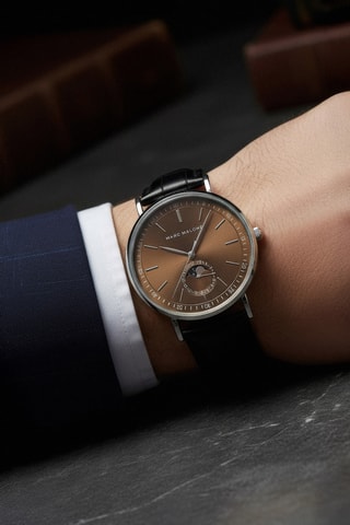 Leren Quartz Horloge - Maanstandweergave - Zwart en Bruin