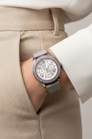 Leren Quartz Horloge - Chronograaf - Grijs en Multicolor