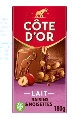 8 x Tablette Côte d'Or Lait Raisins Noisettes - 180 g