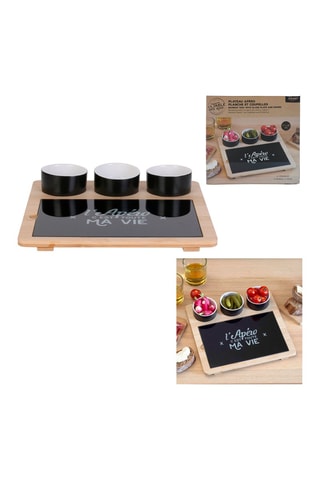 Plateau en bambou avec planche et 3 coupelles - 27 x 26 x 4,5 cm