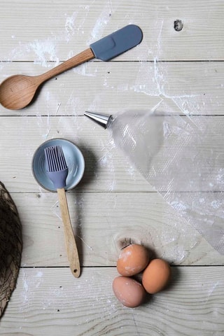 3 ustensiles en hêtre, silicone et acier inoxydable