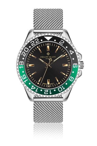 Coffret relógio de quartzo banhado a ião prata e diamante e braceletes em couro Olympe