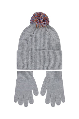 Bonnet à pompon et gants - Gris chiné