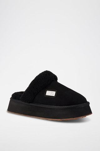 Zapatillas de casa de piel forradas con plataforma - Negro