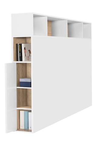 Cabeceira de cama com arrumações Léo - Imitação madeira e branco