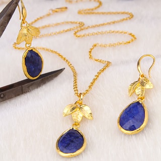 Conjunto de collar y pendientes - Latón chapado en oro y zafiro