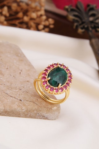 Anillo - Chapado en oro amarillo, malaquita y circones