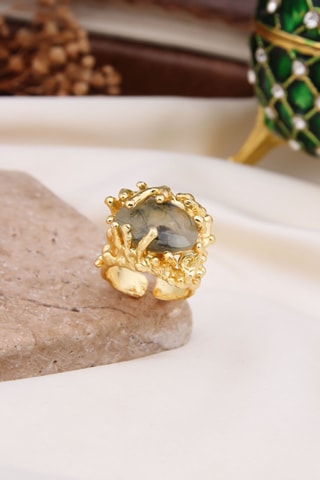 Anillo - Chapado en oro y prehnita