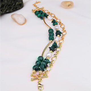 Pulsera - Latón chapado en oro, malaquitas y perlas
