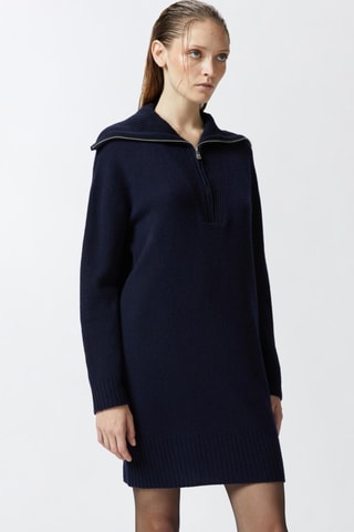 Vestido-camisola em lã e caxemira- Azul-marinho