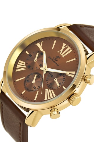Relógio de quartzo em couro - Cronógrafo - Castanho e dourado