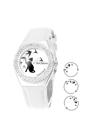 Relógio de quartzo em couro com cristais Swarovski - Branco