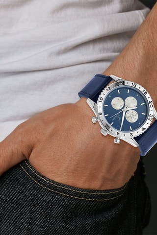 Relógio de quartzo em couro - Cronógrafo - Azul e prateado