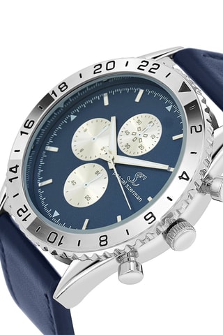 Relógio de quartzo em couro - Cronógrafo - Azul e prateado