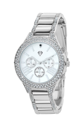 Relógio de quartzo com diamante preto, cristais cintilantes em metal - Cronógrafo - Prateado