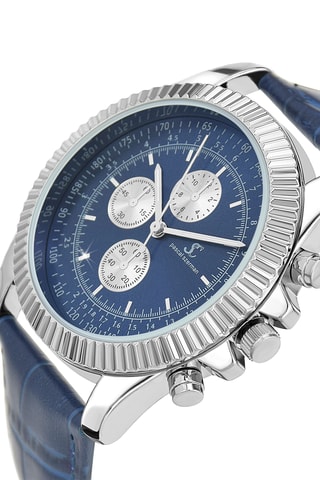 Relógio de quartzo em couro - Cronógrafo e taquímetro - Azul-marinho e prateado