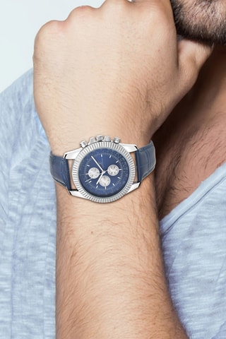 Relógio de quartzo em couro - Cronógrafo e taquímetro - Azul-marinho e prateado