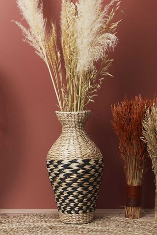 Jarrón de ratán - 42 cm x 21 cm x 21 cm - Beige y negro 