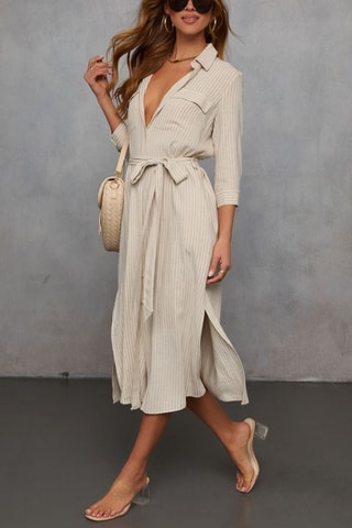 Robe chemise - Beige et blanc
