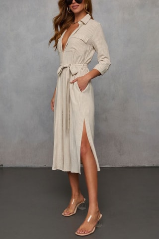 Robe chemise - Beige et blanc