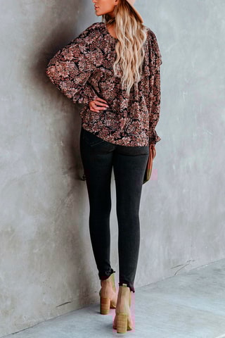 Blouse fleurie volantée - Marron