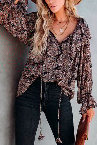 Blouse fleurie volantée - Marron