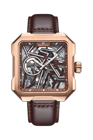 Montre squelette automatique japonaise en cuir Marron et doré rose