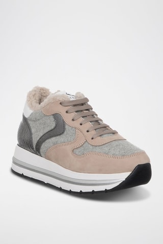 Baskets fourrées en cuir - Beige et gris