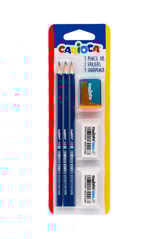 3 crayons à papier HB, 2 gommes et 1 taille crayon