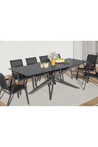 Table de jardin plateau en verre trempé gris et pieds croisés 240cm