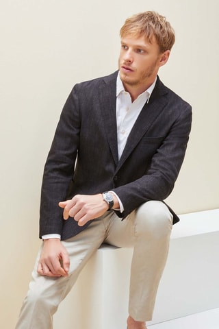 Scheerwollen en Linnen Colbert Slim Fit - Zwart - Montedoro