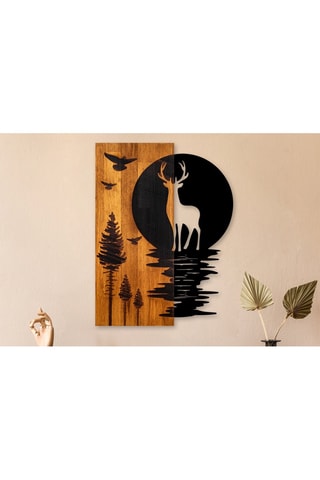 Décoration murale Cerf et forêt - 43 x 58 x 3 cm - Naturel et noir