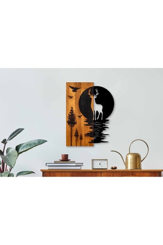 Décoration murale Cerf et forêt - 43 x 58 x 3 cm - Naturel et noir