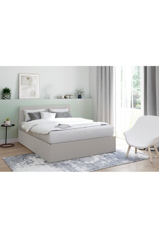 Lit coffre Louise en tissu beige avec sommier et tête de lit arrondie 140x190cm