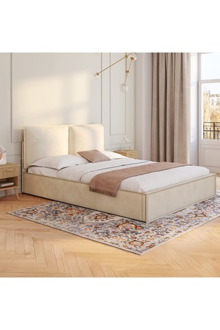 Lit coffre Lilou en velours beige avec sommier et tête de lit oreillers 160x200cm