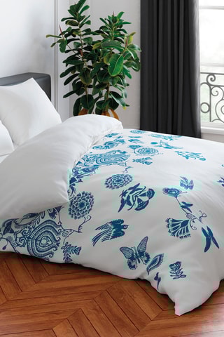 Juego de nórdico de satén de algodón 80 hilos/cm² Love Stories - Blanco e índigo