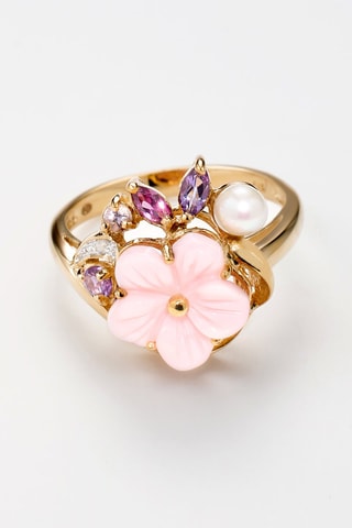 Ring Aïda Geelgoud, Diamant, Amethisten, Rhodoniet, Parelmoer en Cultivéparel