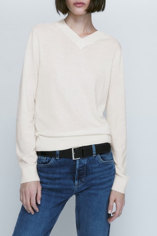 Pull en laine et cachemire à col en v - Ecru