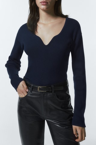 Pull côtelé détail au col - Bleu marine